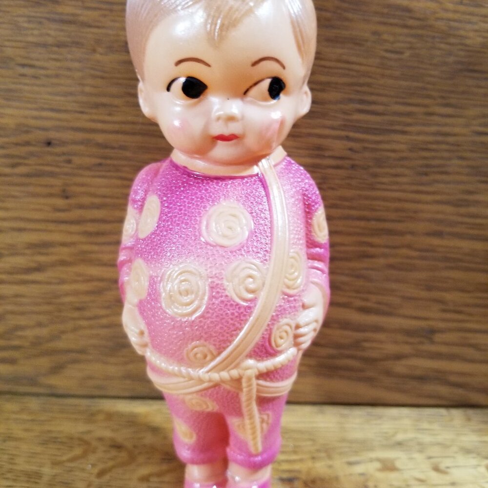 Vintage 6” Celluloid Child Figurine Doll Japan Early Plastic Pink Outfit